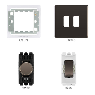 BG Black Nickel Screwless 2 Gang Switch 1x Dual Mode LED Dimmer 1x Intermediate Switch