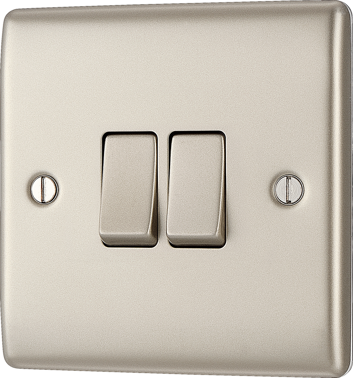  NPR42 Front - This pearl nickel finish 20A 16AX double light switch from British General can operate 2 different lights whilst the 2 way switching allows a second switch to be added to the circuit to operate the same light from another location (e.g. at the top and bottom of the stairs).