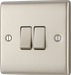  NPR42 Front - This pearl nickel finish 20A 16AX double light switch from British General can operate 2 different lights whilst the 2 way switching allows a second switch to be added to the circuit to operate the same light from another location (e.g. at the top and bottom of the stairs).