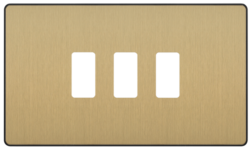 BG RPCDSB3B Evolve Grid Satin Brass 3 Module Rectangular Front Plate - Black Trim
