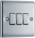 Newlec British General NPC43 Nexus Metal Polished Chrome 3 Gang 20A 16AX 2 Way Plate Switch