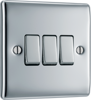 Newlec British General NPC43 Nexus Metal Polished Chrome 3 Gang 20A 16AX 2 Way Plate Switch by Newlec (Newlec-BG-NPC43-Shopify_1)