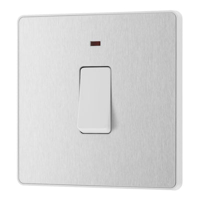 BG Evolve Brushed Steel 20A Double Pole Switch with Neon PCDBS31W and 35mm Steel Back Box