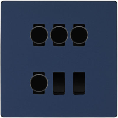 BG Evolve Matt Blue 6 Gang Switch 4x Trailing Edge LED Dimmer 2x Intermediate Custom Grid by British General (BG-Evolve-DB-6G-CUSTOM-4x-Dimmer-2x-INT)