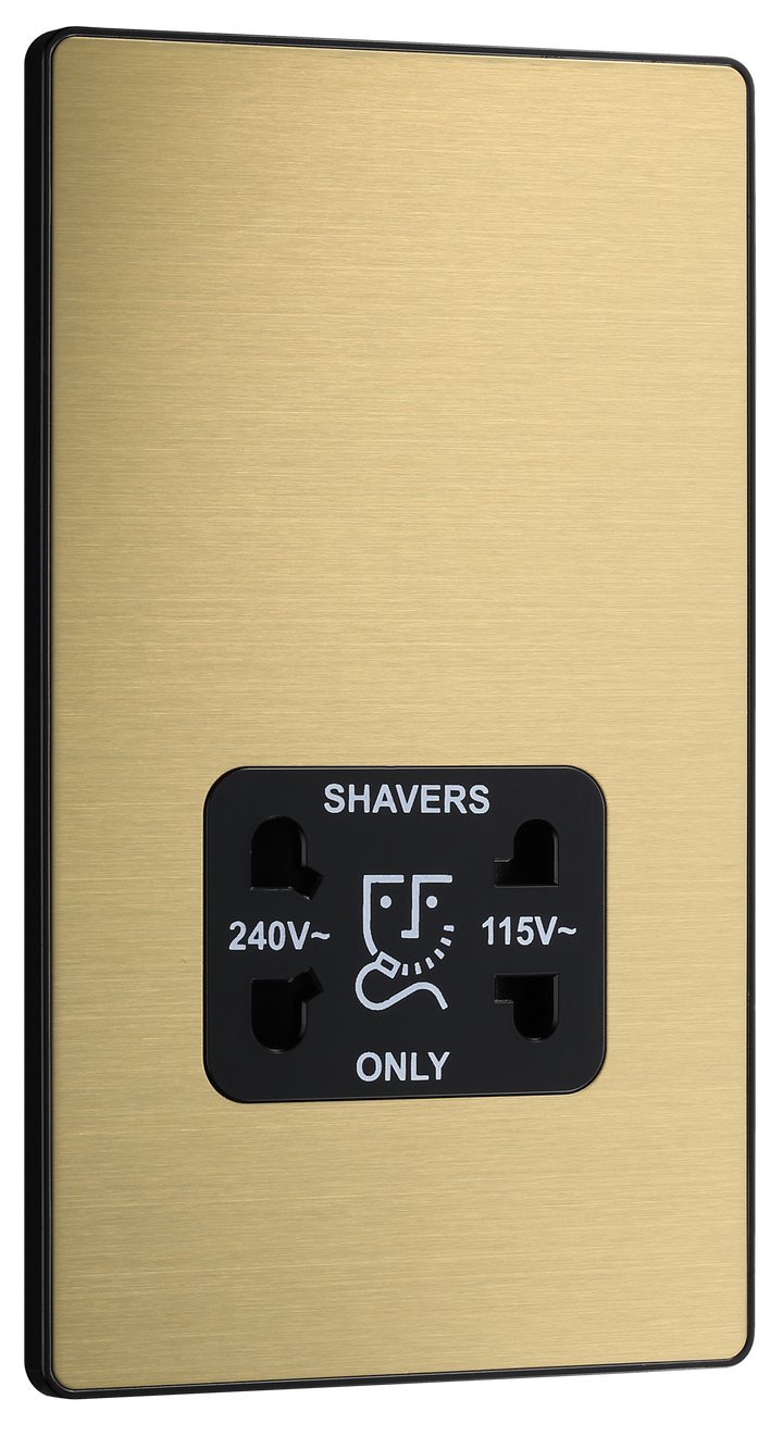 PCDSB20B Front - This Evolve Satin Brass dual voltage shaver socket from British General is suitable for use with 240V and 115V shavers and electric toothbrushes.