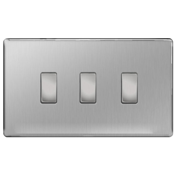 BG Brushed Steel Screwless Flat Plate 3 Gang Light Switch 2x Intermediate 1x 2 Way Custom Switch