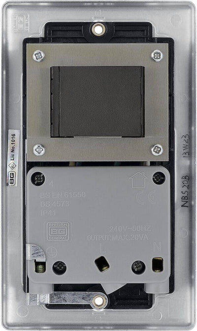BG NBS20B Metal Brushed Steel 115-230V Dual Voltage Shaver Socket - Black Insert by British General