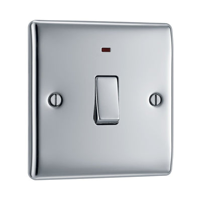 BG Nexus Metal Polished Chrome 20A DP Single Switch NPC31 with 25mm Steel Back Box