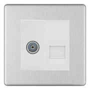 BG Screwless Brushed Steel TV Aerial & BT Telephone Outlet Plate — White Insert