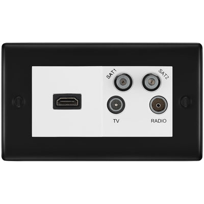 BG Nexus Matt Black 4G Faceplate with HDMI + TV/FM/SAT Module - White Insert by British General (BG-NFBEMR4-HDMI-TVFM2W)
