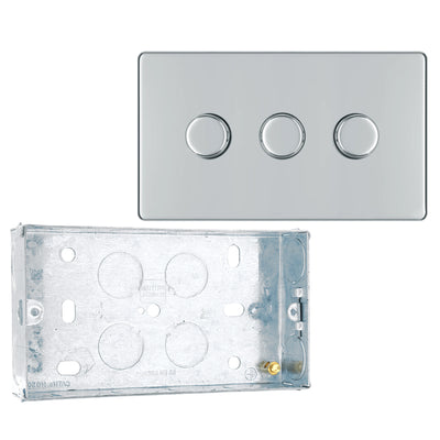 BG Screwless Polished Chrome 200W 2 Way Triple Trailing Edge Dimmer Switch FPC83 with 25mm Steel Back Box by British General (BG-FPC83+HGS04)