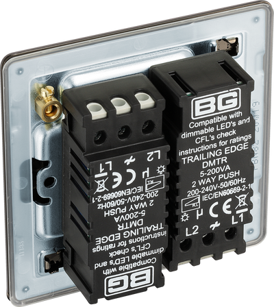 FBN82 Back - This trailing edge double dimmer switch from British General allows you to control your light levels and set the mood. The intelligent electronic circuit monitors the connected load and provides a soft-start with protection against thermal, current and voltage overload.