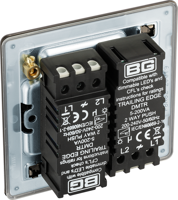 FBN82 Back - This trailing edge double dimmer switch from British General allows you to control your light levels and set the mood. The intelligent electronic circuit monitors the connected load and provides a soft-start with protection against thermal, current and voltage overload.