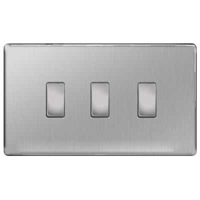 BG Brushed Steel Screwless Flat Plate 3 Gang Light Switch in Double Format Custom Switch