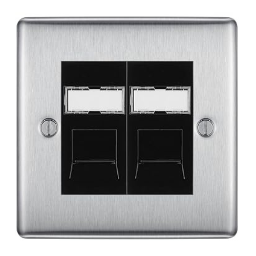 BG Nexus Metal Brushed Steel 2 Gang RJ45 Data Socket NBSRJ452B Black Inserts