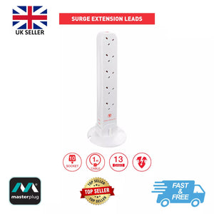 Masterplug SRGTOW10110 Tower Surge Protected 1m 13A 10gang Extension Lead - White by Masterplug (Masterplug-SRGTOW10110)