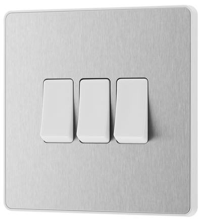 BG PCDBS43W Brushed Steel Evolve 3 Gang 20A 16AX 2 Way Light Switch - White Insert