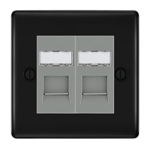 BG Nexus Metal Matt Black 2 Gang RJ45 Data Socket NFBRJ452G Grey Inserts