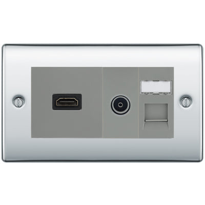 BG Nexus Polished Chrome Media Wall Plate TV Aerial, HDMI & CAT6 Outlet - Grey Insert by British General