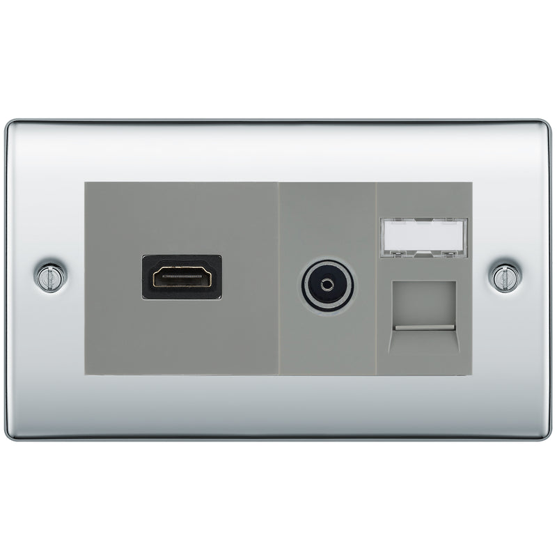 BG Nexus Polished Chrome Media Wall Plate TV Aerial, HDMI & CAT6 Outlet - Grey Insert