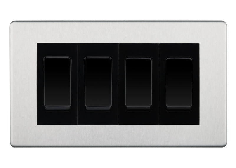 BG Brushed Steel Screwless 4 Gang 20AX 2-Way Switch Custom Grid - Black Insert