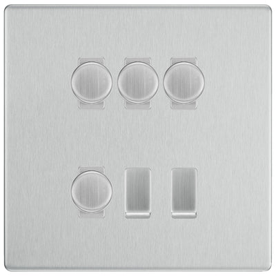 BG Screwless Brushed Steel 6 Gang Switch 4x Trailing Edge LED Dimmer 2x Intermediate Custom Grid by British General (BG-SCRL-BS-6G-CUSTOM-4x-Dimmer-2x-INT)