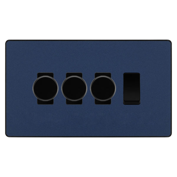 BG Evolve Matt Blue 4 Gang Light Switch 3x Trailing Edge LED Dimmer 1x 2 Way Custom Switch