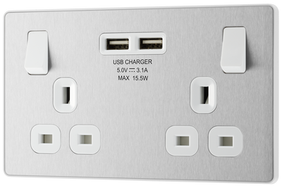 PCDBS22U3W Front - This Evolve Brushed Steel 13A double power socket from British General comes with two USB charging ports, allowing you to plug in an electrical device and charge mobile devices simultaneously without having to sacrifice a power socket.