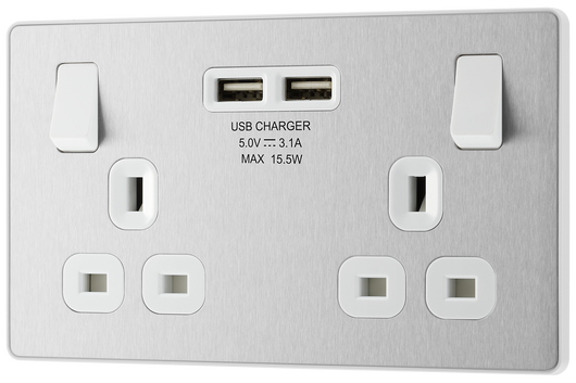 PCDBS22U3W Front - This Evolve Brushed Steel 13A double power socket from British General comes with two USB charging ports, allowing you to plug in an electrical device and charge mobile devices simultaneously without having to sacrifice a power socket.