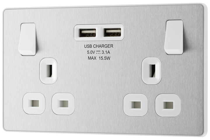 PCDBS22U3W Front - This Evolve Brushed Steel 13A double power socket from British General comes with two USB charging ports, allowing you to plug in an electrical device and charge mobile devices simultaneously without having to sacrifice a power socket.