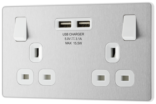PCDBS22U3W Front - This Evolve Brushed Steel 13A double power socket from British General comes with two USB charging ports, allowing you to plug in an electrical device and charge mobile devices simultaneously without having to sacrifice a power socket.