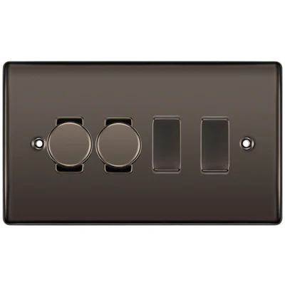 BG Nexus Black Nickel 4 Gang Light Switch Grid – 2x Trailing-Edge LED Dimmer, 1x Intermediate, 1x 2-Way Switch by British General (BG-Nexus-BN-4G-2x-Dimmer-1x-INT-1x-2Way)