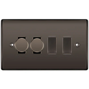 BG Nexus Black Nickel 4 Gang Light Switch Grid – 2x Trailing-Edge LED Dimmer, 1x Intermediate, 1x 2-Way Switch by British General (BG-Nexus-BN-4G-2x-Dimmer-1x-INT-1x-2Way)