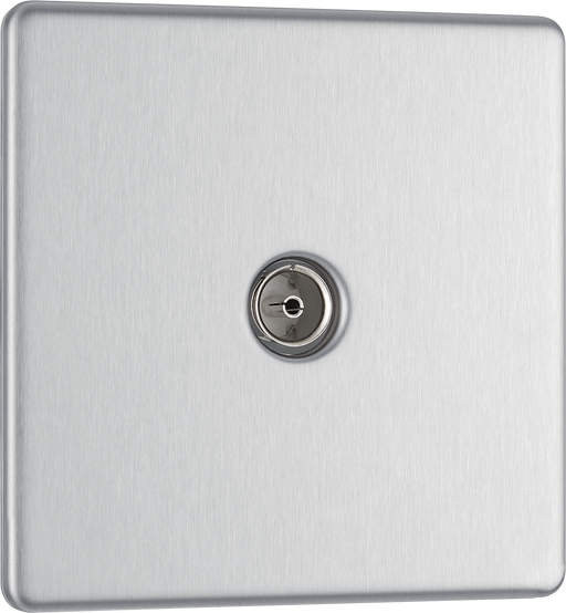 FBS60 Front - This single coaxial socket from British General can be used for TV or FM aerial connections. This Screwless Flat plate brushed steel finish socket has an anti-fingerprint lacquer and a screwless flat plate that clips on and off and sits flush against the wall making it ideal for modern interiors.