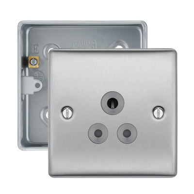BG Nexus Brushed Steel 5A Unswitched Round Pin Socket with Surface Pattress Back Box by British General (BG-NBS29G+MC501)