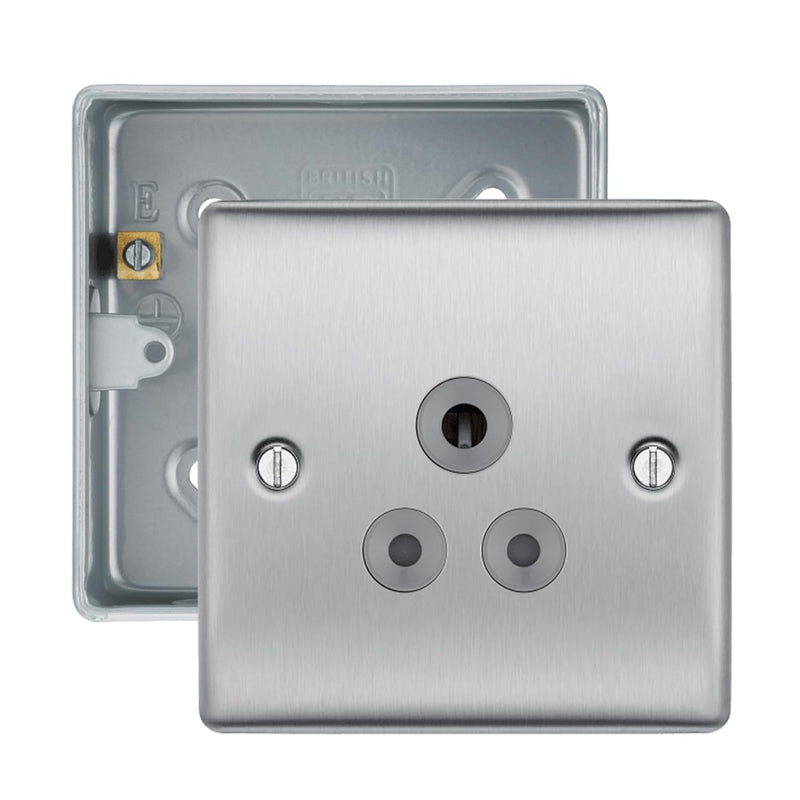 BG Nexus Brushed Steel 5A Unswitched Round Pin Socket with Surface Pattress Back Box