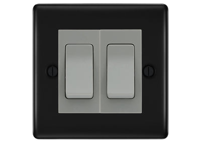 BG Nexus Matt Black 2-Gang Light Switch 1x 2-Way + 1x Intermediate – Grey Inserts