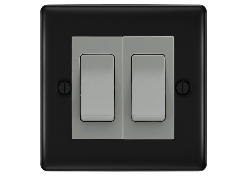 BG Nexus Matt Black 2-Gang Light Switch 1x 2-Way + 1x Intermediate – Grey Inserts