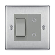 BG Brushed Steel 2 Gang Custom Switch 1x 2 Way Switch 1x Master Touch Dimmer Grey Inserts by British General (BG-NEXUS-BS-2G-1x-2WAY-SWITCH-1x-MTD-GI)