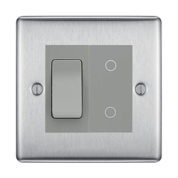 BG Brushed Steel 2 Gang Custom Switch 1x 2 Way Switch 1x Master Touch Dimmer Grey Inserts