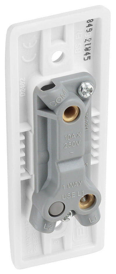 BG 849 White Round Edge 10A Single Architrave Switch marked PRESS 1 Way