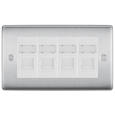 BG Nexus Brushed Steel 4 Gang RJ45 Cat6 Data Socket Outlet White Inserts by British General (BG-NBSRJ454W)