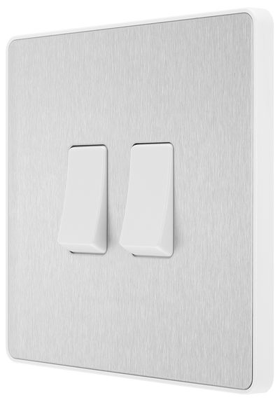 BG PCDBS42W Brushed Steel Evolve 2 Gang 20A 16AX 2 Way Light Switch - White Insert