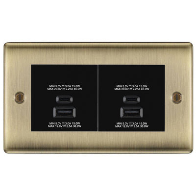 BG Antique Brass 4G Faceplate with 45W USB A+C Charger Modules – Black Insert