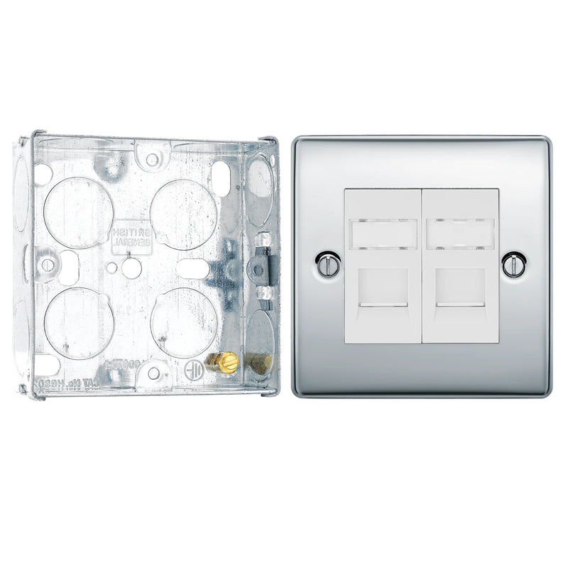 BG Nexus Polished Chrome RJ45 Double Data Outlet Socket NPCRJ452 with 25mm Steel Back Box