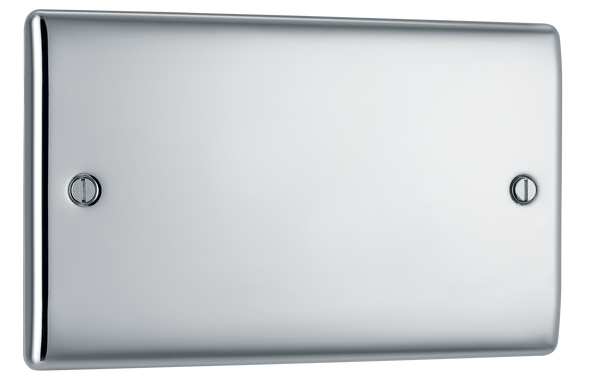 NPC95 Front - This premium polished chrome finish double blank plate from British General is ideal for covering unused electrical connections and has a sleek and slim profile, with softly rounded edges to add a touch of luxury to your decor.