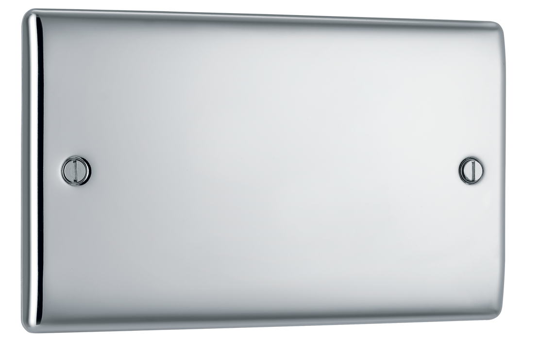 NPC95 Front - This premium polished chrome finish double blank plate from British General is ideal for covering unused electrical connections and has a sleek and slim profile, with softly rounded edges to add a touch of luxury to your decor.