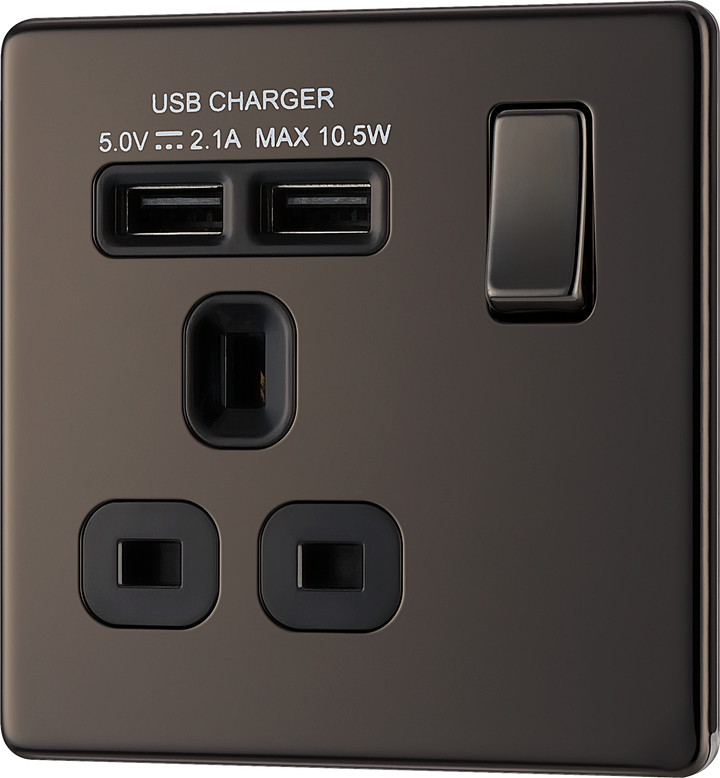  FBN21U2B Front - This completely screwless and slimline flat plate 13A single power socket from British General comes with two USB charging ports allowing you to plug in an electrical device and charge mobile devices simultaneously without having to sacrifice a power socket.