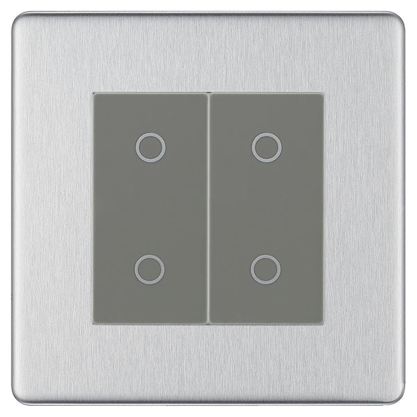 BG Nexus Screwless Brushed Steel Double Secondary Touch Dimmer Switch Grey Inserts FBSTDS2G