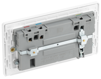 PCDCL22U3W Back - This Evolve pearlescent white 13A double power socket from British General comes with two USB charging ports, allowing you to plug in an electrical device and charge mobile devices simultaneously without having to sacrifice a power socket.